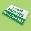 Green and white Lawn mowing service coroplast print with business phone number