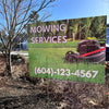 Mowing Service Yard Sign with phone number and lawn mower on property