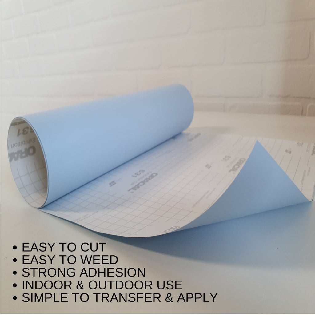 pastel-colored vinyl roll by Oracal 651 Permanent Adhesive features easy to cut, easy to weed, strong adhesion, indoor and outdoor use, simple to transfer and apply